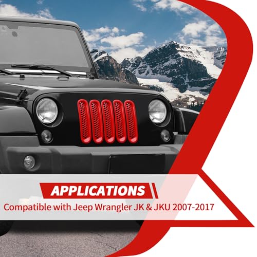 Image of Front Grille Inserts Grill Mesh Clip-on Trim Covers Exterior Accessories Compatible with Jeep Wrangler JK & JKU 2007-2017,Red