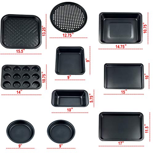 PERLLI 10-Piece Non-Stick Bakeware Set, Includes Oven Crisper, Pizza Tray, Roasting, Loaf, Muffin, Square, 2 Round Cake Baking Pans, Large and Medium Nonstick Cookie Sheet & Microfiber Cleaning Cloth