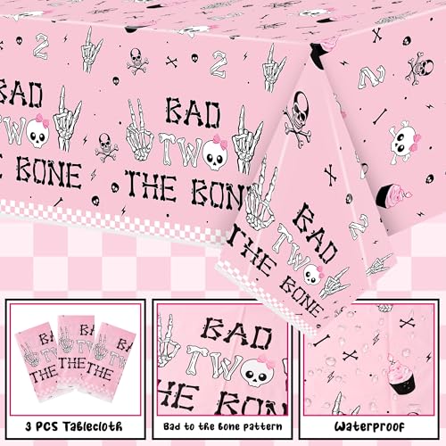 Image of K1tpde 3PCS Bad Two The Bone Party Tablecloth for Girls, Music Themed 2nd Pink Plastic Tablecloth, Rock and Roll 2nd Disposable Table Covers for Birthday Decoration, Bad To The Skeleton Party Supplies