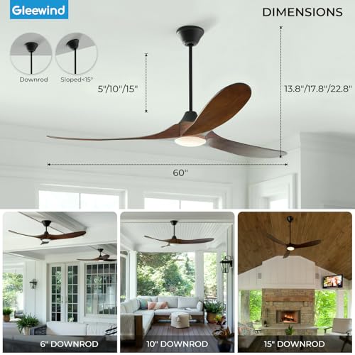 Image of 60 inch Outdoor Ceiling Fan with Light-Glass Lamp, 3 blade Wood Propeller Ceiling Fans with Lights and Remote Control for Patios, Exterior Damp Rated High CFM Ceiling Fans Modern Smart APP