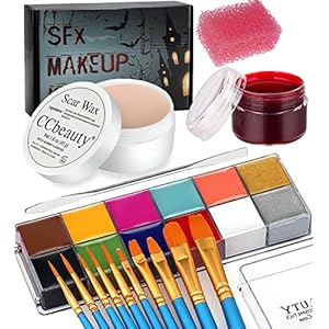 CCbeauty Halloween SFX Makeup kit Professional Oil Face Body Paint with 10 Brushes+ Wound Scar Wax (1.6Oz)+Coagulated Fake Scab Blood Gel+Metal Spatula for Special Effects Stage Costume Cosplay Makeup
