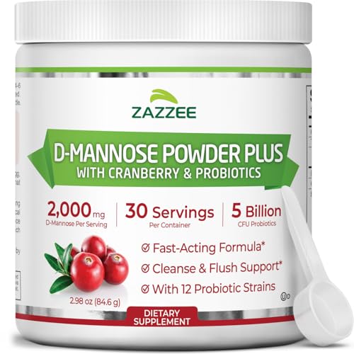 Zazzee D-Mannose Powder Plus 2000 mg 30 Servings Plus 5 Billion CFU Probiotics and Pure Cranberry Juice Extract Certified Kosher Free Scoop 2.98 oz Urinary Tract Support Non-GMO All-Natural