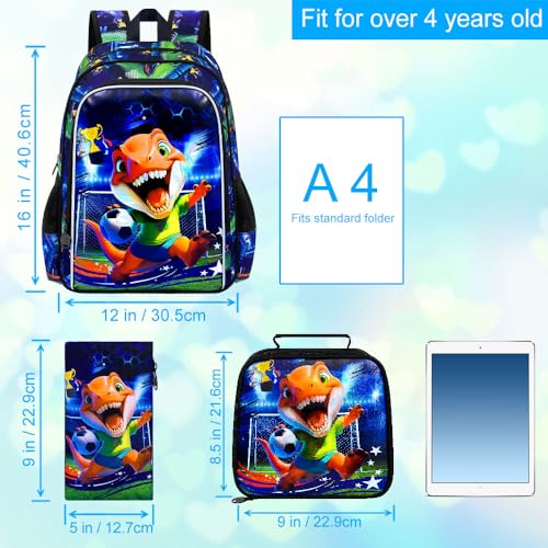 Image of 16 inch Dinosaur Soccer Backpack Set for Boys 4-8, 3Pcs Preschool Bookbag with Football Lunch Box & Pencil Case, Lightweight School Bag (Blue)