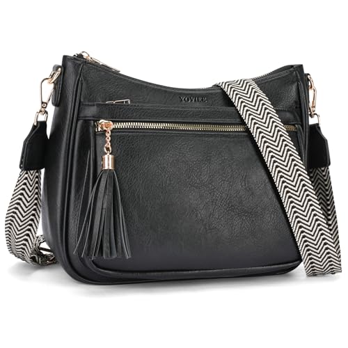 YOVIEE Umhängetasche Damen mittelgroß Schwarz Handtasche Damen Weiches Veganes Leder Schultertasche für Frauen Shopper Tasche mit Reißverschluss & Verstellbarem Riemen Fashion-Damen