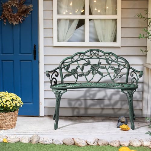 Image of VINGLI 38.5 inch Patio Park Garden Outdoor Metal Rose Bench, 2-Person Cast Iron Cast Aluminium Frame Antique Finish Chair,Accented Lawn Front Porch Path Yard Decor Deck Furniture (Green, Rose)