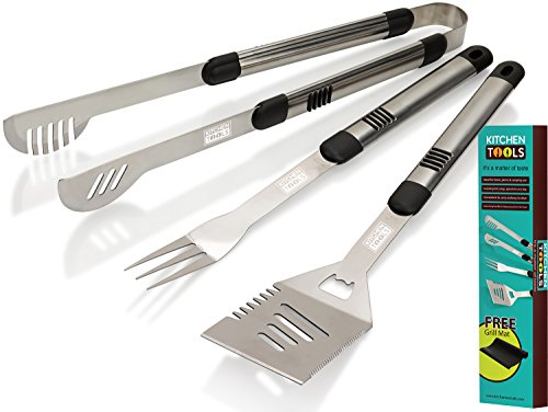 Heavy Duty BBQ Grilling Essentials | Kitchen Tools Bundle: Fork, Tongs, Spatula, Carrying Bag, FREE Bonus Mat. Extra Long Stainless Steel Handles | Easy Clean Up At Home or Camping | Gift Box for Men