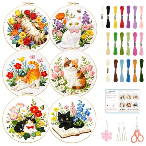 Image of BEUNITONE 6 Set Cat and Flowers Embroidery Kit for Adults Beginners, Pre-Stamped Pattern Needlepoint Kits with Hoop, Tools, Instruction, Hand Embroidery Kits for Gifts, Fabric and Home Decor 7.9x7.9