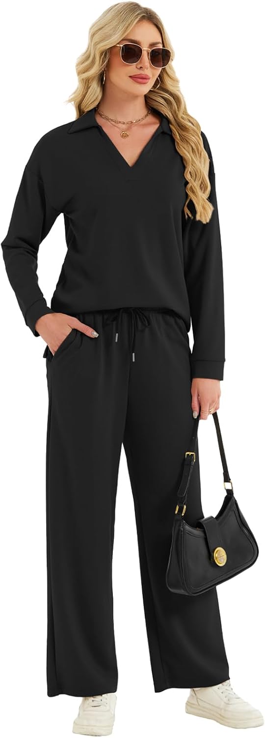 Two Piece Sets for Women Casual Fall Lounge Sets Long Sleeve V-Neck Tops Wide Leg Pants Vacation Travel Outfits - Image 3