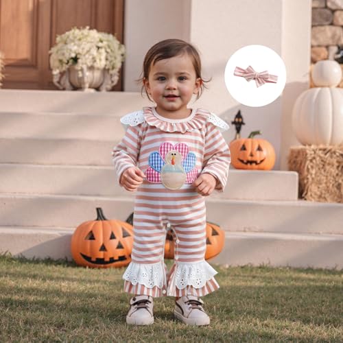 Baby Girl Thanksgiving Clothes Long Sleeve Ruffled Rugby/Turkey Embroidery Striped Jumpsuit with Headband Set 2Pcs3