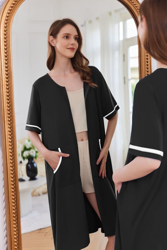 Ekouaer Women Zipper Robe Short Sleeve Duster Housecoat Short Bathrobes Zip Front Nightgown with Pockets S-3XL3