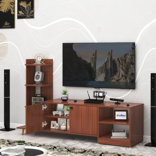 Image of Anikaa Moracca Engineered Wood Floor Standing Modern TV Unit with Side Shelves and 2-Door Cabinet & Open Storage Box Up to 43 inch Entertainment Units | for Living Room | Walnut Finish | DIY-Installation