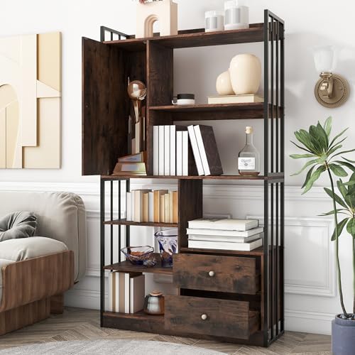 KecDuey Librería, 6 estanterías con puertas y cajones, estantes industriales, estantes de acero, estantes verticales adecuados para salón, oficina, estudio (marrón antiguo)