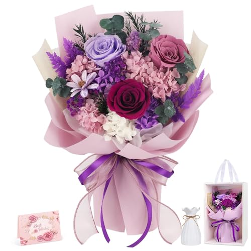 Preserved Flowers Bouquet Flowers Delivery Next Day Prime Real Forever Roses Bouquet Last 3-5 Years for Women Mom Wife Girlfriend Anniversary Christmas Thanksgiving Birthday valentines for Her(Purple)