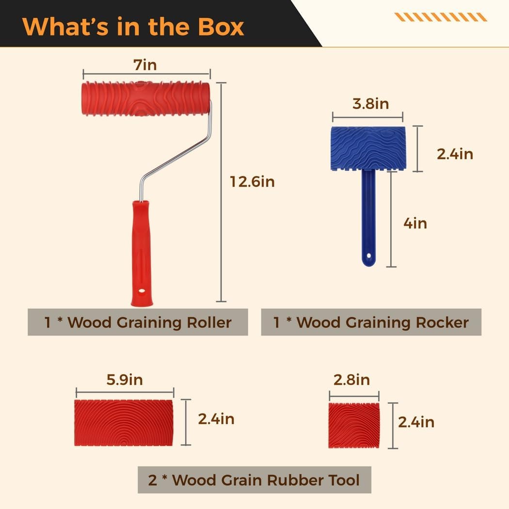 4 Pcs Wood Grain Painting Set With Handle, Rubber Graining Rollers For Diy Projects, Create Wood Effects On Walls, Decks, Floors, Furniture