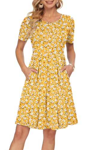 Image of AUSELILY Women's Short Sleeve Pleated Swing Summer Dress with Pockets | Knee-length short sleeve dress, empire waist & pockets, ideal for casual daily wear and vacation
