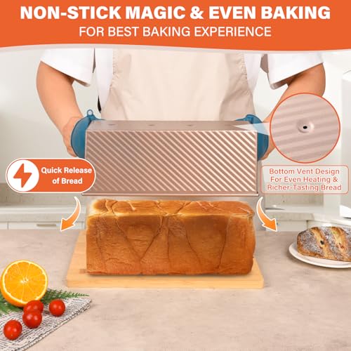 Image of Pullman Loaf Pan with Lid 13x4 Inch, 2.2lb Dough Capacity for Homemade Bread, Non-stick Corrugated Carbon Steel Bread Toast Box with Cover for Bakeware, Sandwich & Toast Oven Baking, Gold