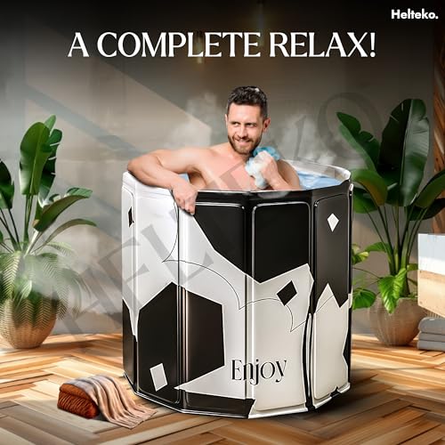 Image of Helteko Bath Tub for Adult for Bathroom, Foldable Tub for Home Use with Drainage Hole, Thickened Insulated Ice Bath Tub, Inflatable BathTub for Adults, Ice BathTub for Adults (Black Flower)