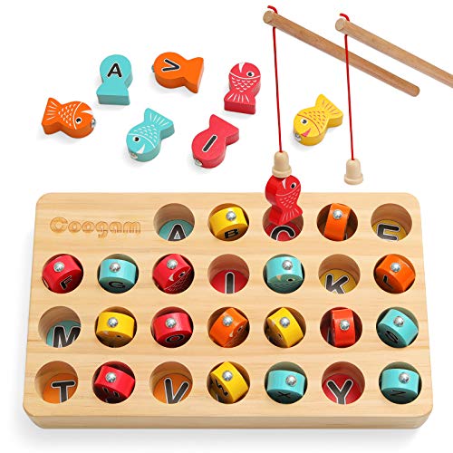 Coogam Jeu de pêche magnétique en bois, jouet de motricité fine, ABC Alphabet Tri des couleurs, Montessori Lettres Cognition Cadeau préscolaire pour les enfants d'un an Apprentissage précoce avec 2 pôles.