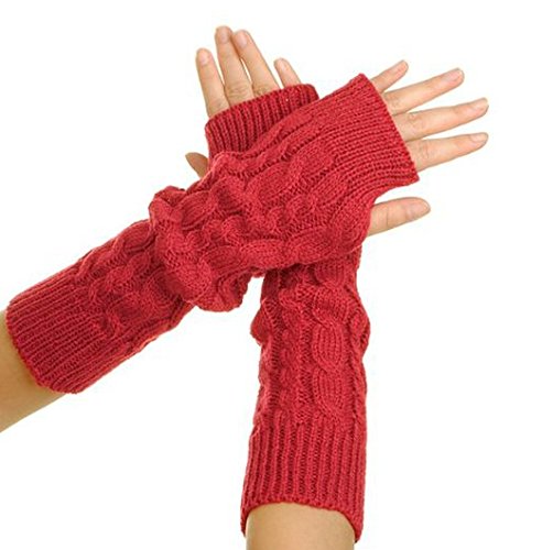 JOVANA Pair Lady Braided Knitted Crochet Long Soft Arm Fingerless Winter Warmer Gloves (Red)