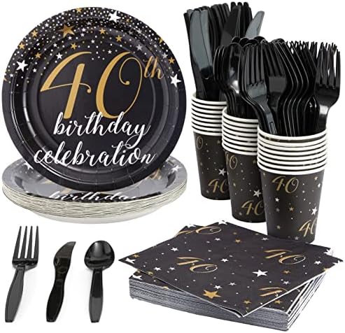 144 Piece 40th Birthday Party Supplies Set for Men, Women, Serves 24 Paper Plates and Napkins, Cups, Cutlery, Black and Gold Disposable Set for 40 Birthday Decorations