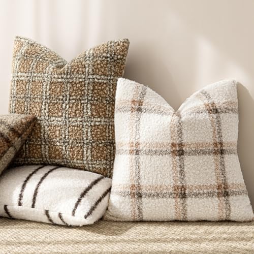 Image of Foindtower Pack of 2 Soft Faux Fur Boucle Throw Decorative Pillow Covers Fuzzy Accent Check Cushion Sherpa Boho Farmhouse Pillowcase for Couch Sofa Bed Living Room Home Decor 20x20 Inch,Natural Beige