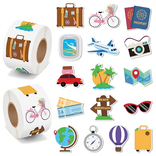 BeYumi Travel Theme Sticker Roll - 1000pcs Cute Cartoon Travel Journey Stickers in 2 Rolls Waterproof Vinyl Adventure Journey Vacation Explore World Decal for Laptop Bottle Luggage Decor Kids Students