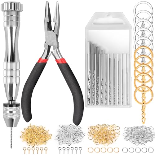 LEOBRO Hand Drill 222 PCS Pin Vise Hand Drill with Drill Bits(0.8 mm-3 mm) Needle Nose Pliers Keychain Making Kit Jewelry Making Supplies Hand Drill Tools for Jewelry Keychains Making