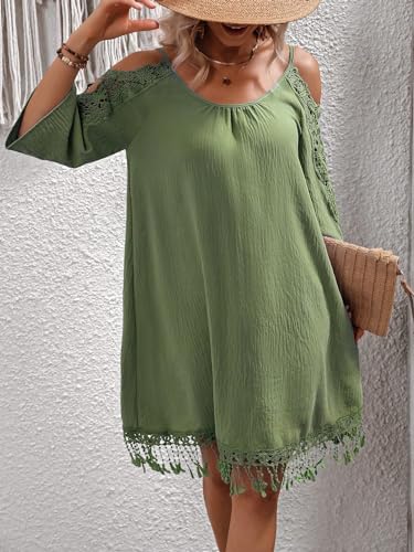 Image of WDIRARA Women's Contrast Lace Cold Shoulder Scoop Neck Fringe Hem Short Dress