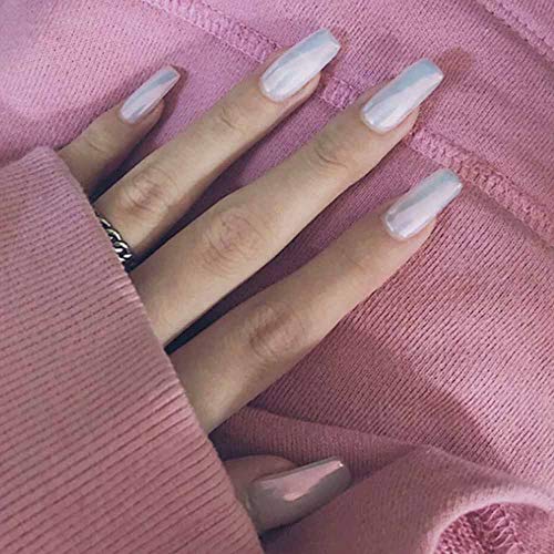 Vogee 24Pcs Glossy Colorful False Nails Medium Long Square Full Cover Acrylic Ballerina Press on Fake Nails Art Tips for Girls and Women (Pearl)