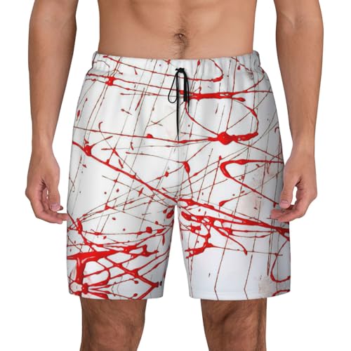 Red Paint Artshort Swim Trunks with Waist Rope and Two Side Pockets Beach Shorts Bathing Suits for Men