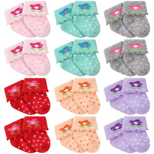 Image of Toulite 12 Pairs Preemie Socks Girls and Boys Premature Ruffle Turn Cuff Cotton Socks Hospital Nicu