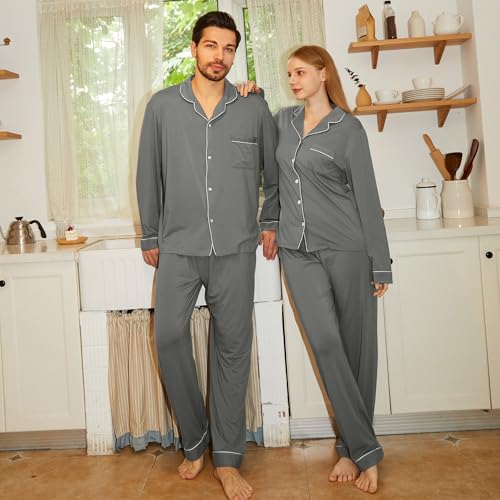 Image of BAMBOO COOL Mens Pajama Set Bamboo Viscose Cotton Soft Lightweight Loungewear Sleepwear Long Sleeve and Pants with Pockets