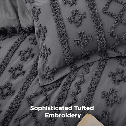 Image of Bedsure Tufted Boho Comforter Set King Size - Dark Grey Boho Bed Set, GentleSoft 3 Pieces Farmhouse-Style Embroidery Bedding, Gifts for Woman, Soft Jacquard Kids' King Comforter for All Seasons