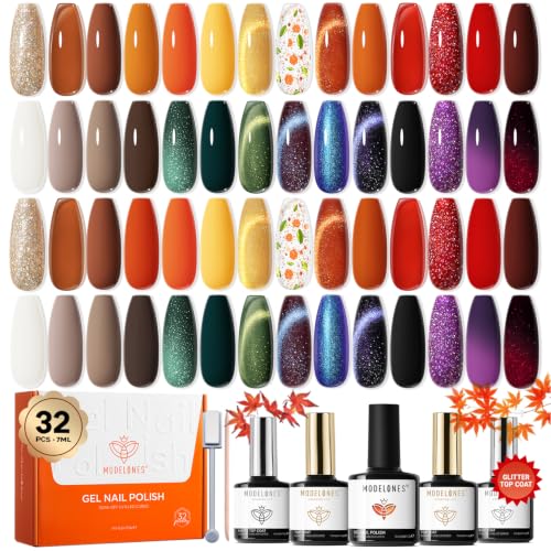 modelones 20 Colors Gel Nail Polish Kit, Fall Winter Gel Polish Set Soak Off Nail Polish Kit with Glitter, Glossy and Matte Top Base Coat DIY Manicure at Home