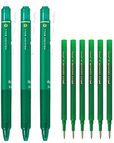 Pilot FriXion Ball Knock Retractable Erasable Gel Ink Pens, Extra Fine Point 0.5mm, Green Ink, 3 Pens & 6 Refills Value Set