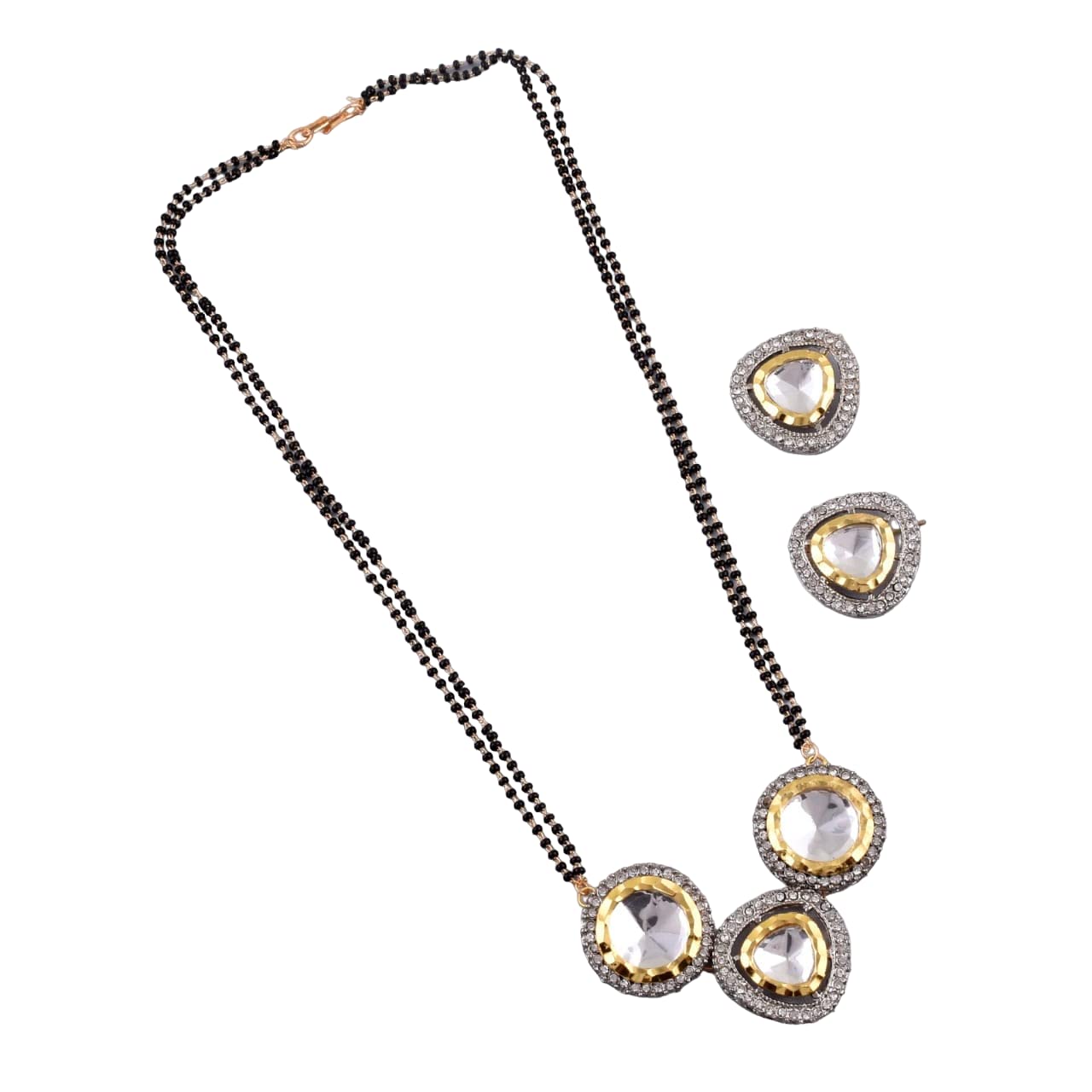 GenericKundan Polki Special Small CZ, AC Kundan With Black Beads Gold Plated Mangalsutra With Earring