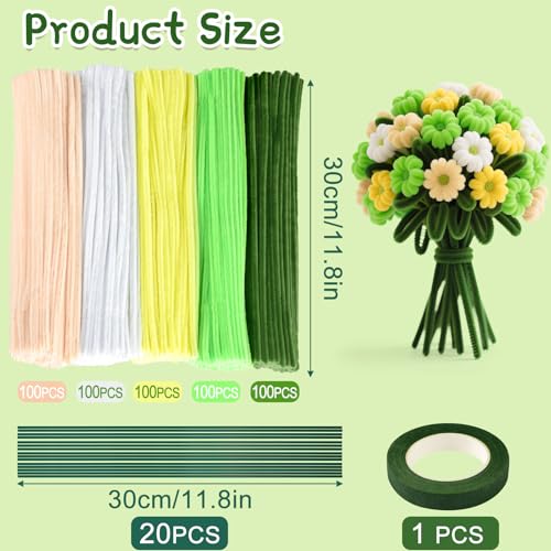 Image of ASTARON 521 Pcs 5 Colors Art Chenille Stems Pipe Cleaners Flower Making Kit | Green Yellow Craft Pipe Cleaners,20 Floral Wires,Green Gardening Tape, Flowers Making Kit,Polyester Fluffy Pipe Cleaners Set