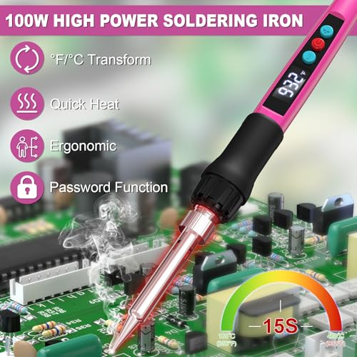 Soldering Iron Kit, 100W Soldering Gun with LED Digital Display, Adjustable Temperature 356-932℉ Solder Kit for Electronics, Includes Soldering Tip, Solder Wire, Stand, Tweezers and Paste, Rose Red