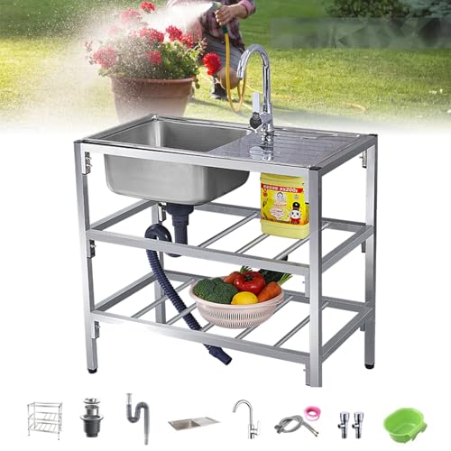 BRCYKRWY Lavello Inox Autoportante con Banco da Lavoro Lavandino Da Esterno A Libera Installazione Con Tavolo Da Lavoro E Rubinetto Lavandino Commerciale Professionale Per Cucina,Ristorante,Caffè,Gara