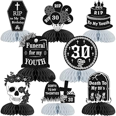 30th Birthday Table Decorations, 8Pcs Rip to My 20s Honeycomb Centerpieces, Black Silver Death of My Youth 30 Party Decorations for Table, Funeral Gothic Thirty Birthday 3D Table Party Supplies Cover