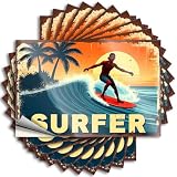 Calcomanías para decoración de otoño, impermeable, diseño de surfista montando olas al atardecer con palmeras, botella autoadhesiva para doble uso (6 x 9 cm)