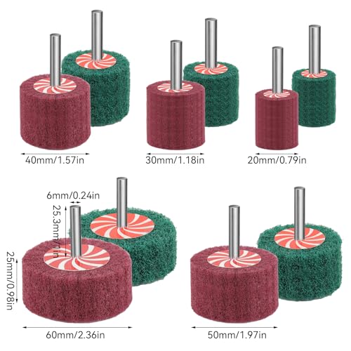 MISIQIMA 10 Stück SchleifmopSet, 25|30|40|50|60MM Vlies Schleifscheiben, Scheuerschwämme Rad mit 1/4 Zoll Schaft, Können zum Reinigen von Farbe, Polieren von Metall, Holz Verwendet Werden