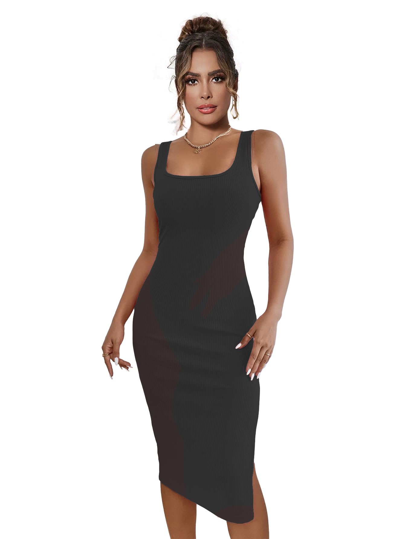 Sugathari Solid Women Black, Square Neck Ribbed Knit Sleeveless Bodycon Dress (Midi 104 Black Xl)