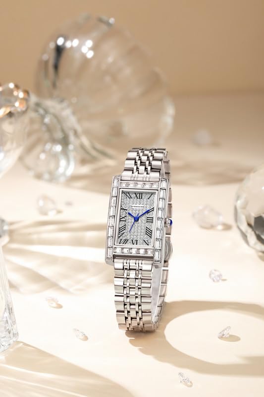 Image of Giordano Analog Quartz Watch for Women with Rectangular Dial, Crystal Studded Bezel, Roman Indices and Sparkling Dial, Leather & Stainless Steel Strap - GZ-60119