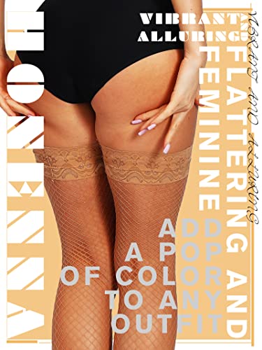 Image of HONENNA Fishnet Thigh High Stockings, 20+ Colors Silicone Lace Top Stay Up Nylons Tights for Woman, Size A-D