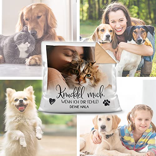 PfotenSchild Personalisiertes Foto-Kissen mit Füllung - Knuddel Mich, wenn ich dir fehle - mit Namen selbst gestalten - für Hunde, Katzen und andere Haustiere | Rückseite Mokka