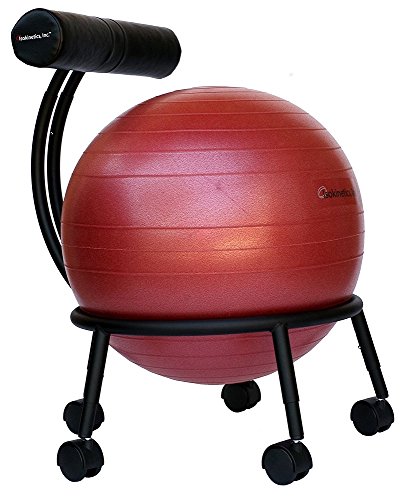 Isokinetics Inc. Brand Adjustable Fitness Ball Chair - Solid Black Metal Frame Finish - Exclusive: 60mm (2.5') Wheels - Adjustable Base and Back Height - with Red 55cm Ball and a Pump