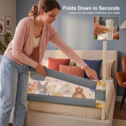 Image of BAYBEE Baby Bed Rail Guard (180x80cm), Bedrail for Baby Safety with 28 Height Adjustable, Portable Bed Side Protector for Babies Falling | Foldable Single Side Bed Railing, 2 Side, (Grey)