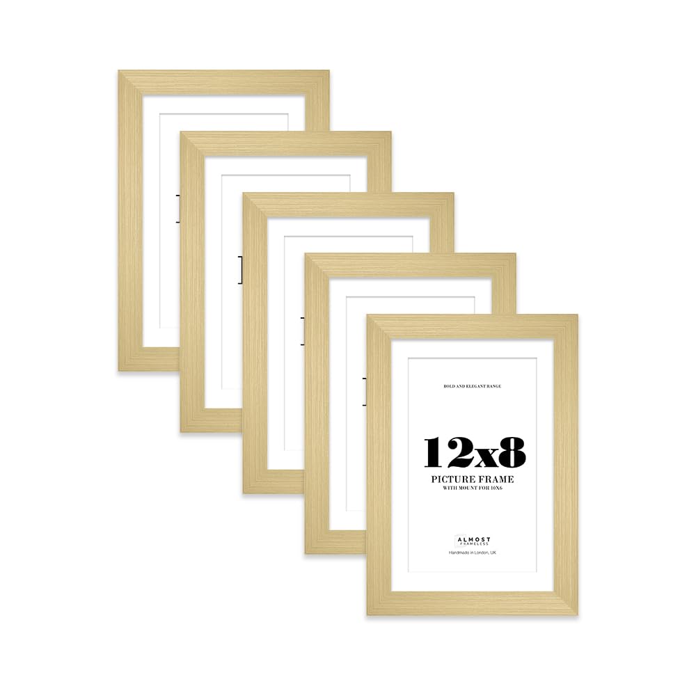 12x8" Gold Frame With Mount for 10x6" Pictures 28mm Edge Portrait and Landscape Display with Wall Hooks and Kickstand, 5 Pack