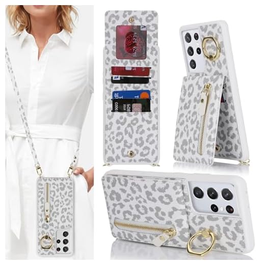 DEYHU Capa para Samsung Galaxy S21 Ultra com porta-cartões para mulheres, Galaxy S21 Ultra Capa carteira com alça slots para cartão de crédito transversal com zíper à prova de choque para S21Ultra - Leopardo branco